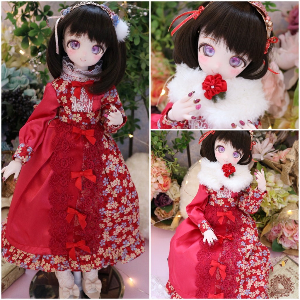 【MDD(S,M胸)サイズ】和洋レッドのモダンワンピース3点セット(パニエ、もふもふケープ、ウエストリボン付き)