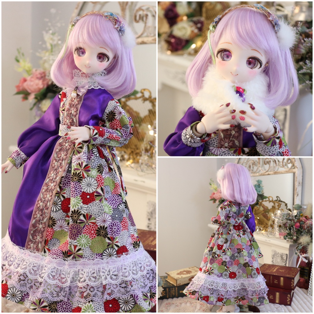 【MDD(S胸)サイズ】和洋パープルのマキシ丈ワンピース3点セット(パニエ、もふもふケープ、ウエストリボン付き)