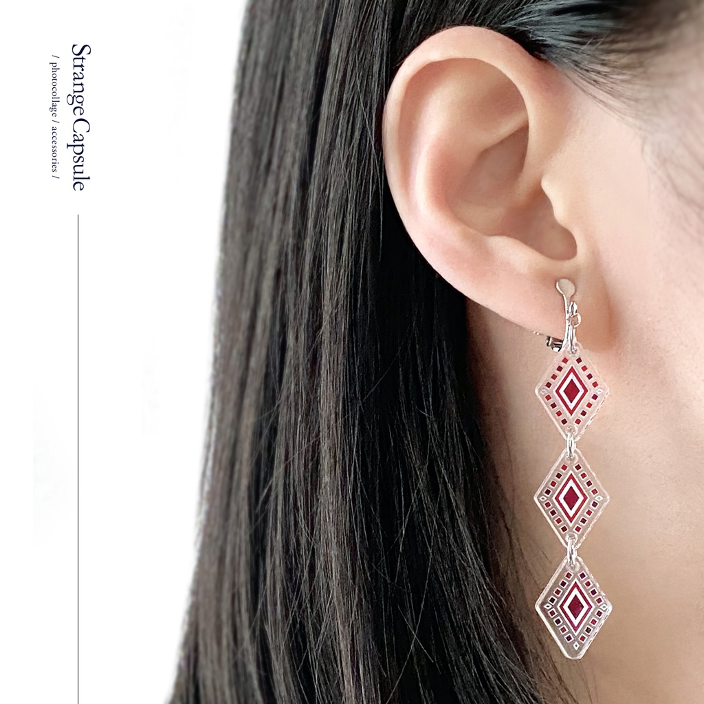 【bijou/red】ピアス・イヤリング||アクリルアクセサリー|スタイリッシュ|赤|ダイヤ|アンティーク|透明|揺れる|クリア|フェイクピアス|ネイティブ