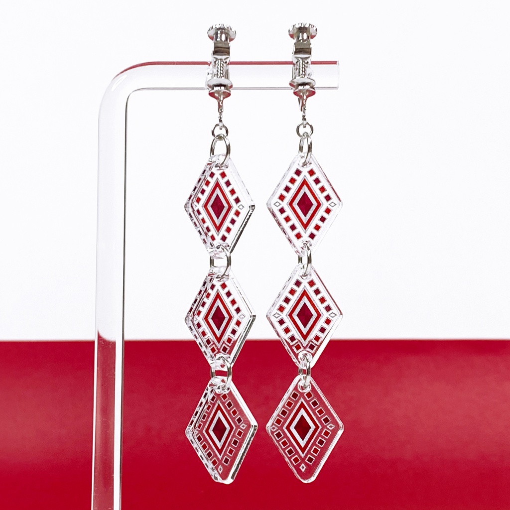 【bijou/red】ピアス・イヤリング||アクリルアクセサリー|スタイリッシュ|赤|ダイヤ|アンティーク|透明|揺れる|クリア|フェイクピアス|ネイティブ