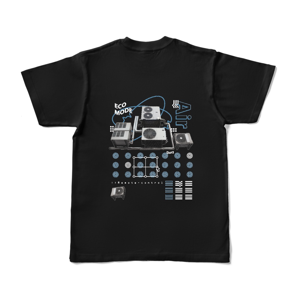 ECO MODE (両面) Tシャツ黒 |写真|ストリート系|メンズ|夏|モード系|室外機|青|ブルー