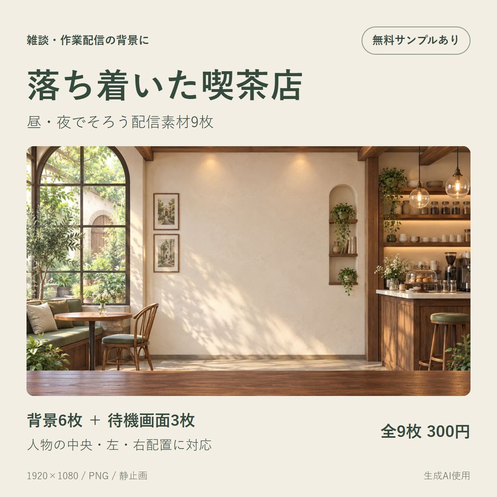 【配信素材9枚】落ち着いた喫茶店｜昼夜・人物の中央／左／右配置＋待機画面｜無料サンプルあり