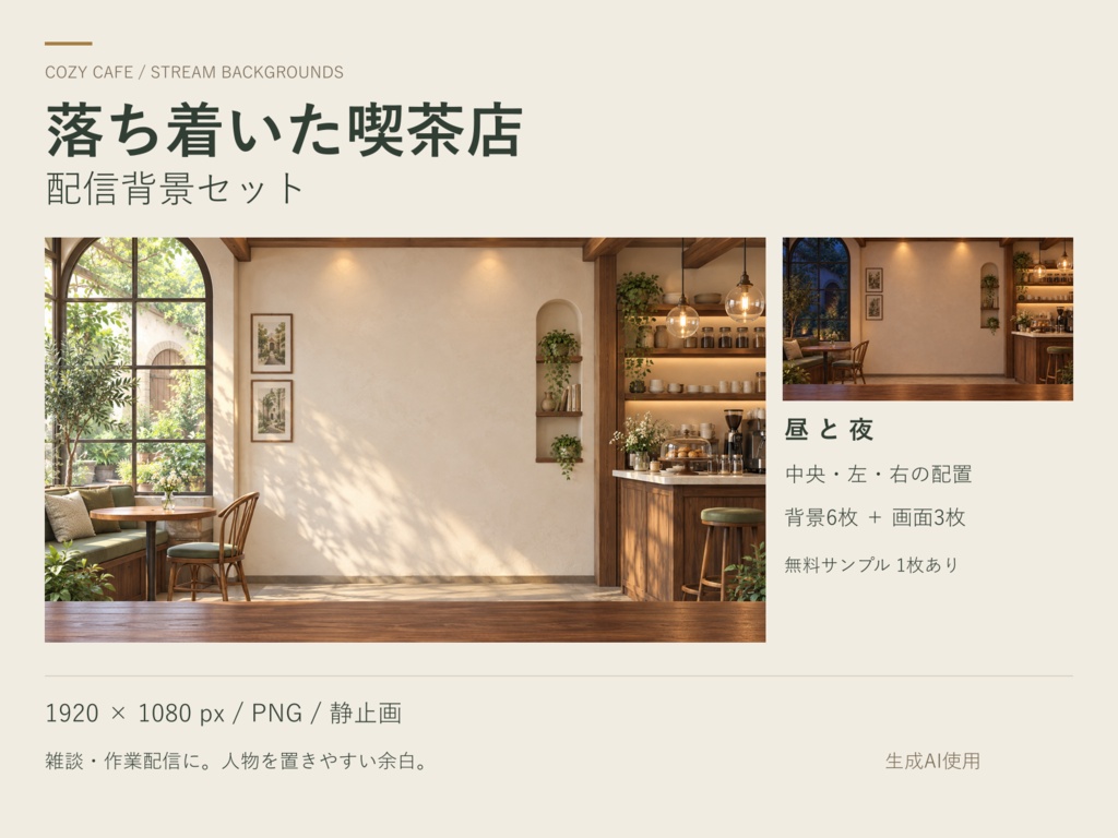 【配信素材9枚】落ち着いた喫茶店|昼夜・人物の中央/左/右配置+待機画面|無料サンプルあり