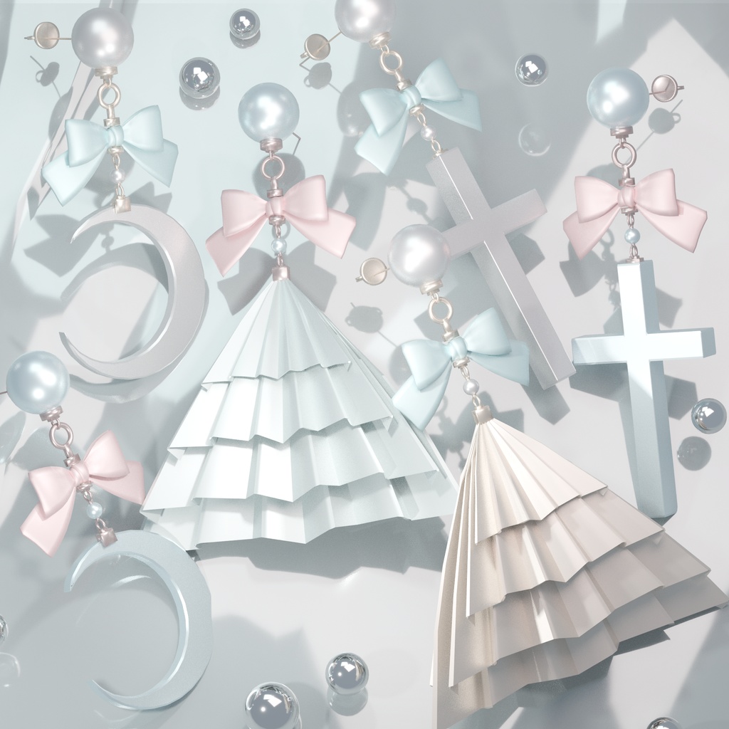 パールとリボンのモチーフピアス(6種)【3Dモデル】