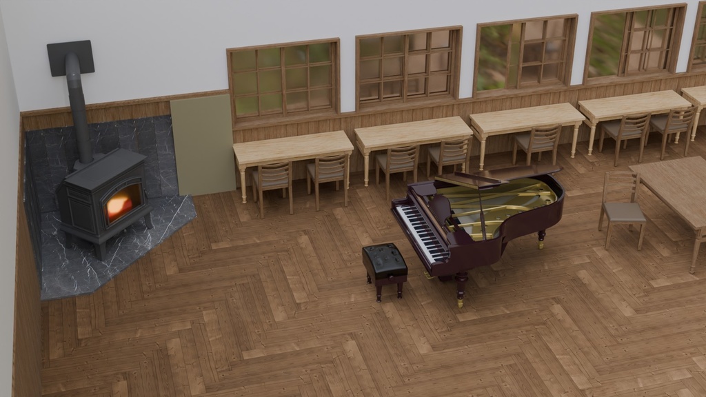 ピアノと薪ストーブがある風景