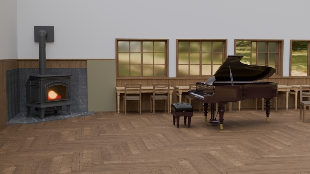 ピアノと薪ストーブがある風景