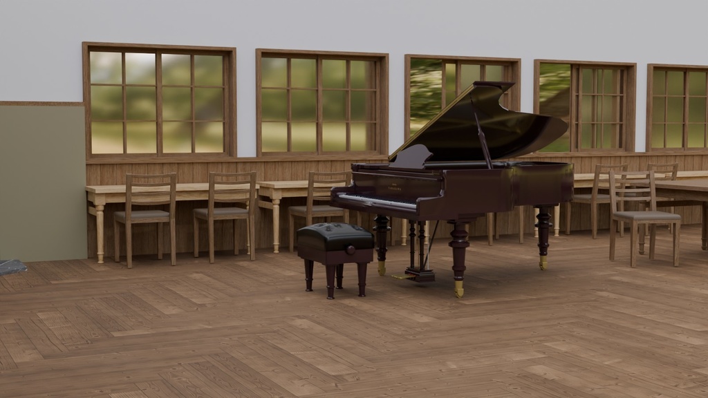 ピアノと薪ストーブがある風景