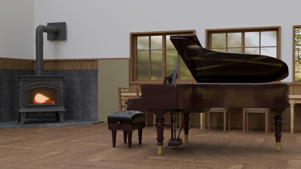 ピアノと薪ストーブがある風景