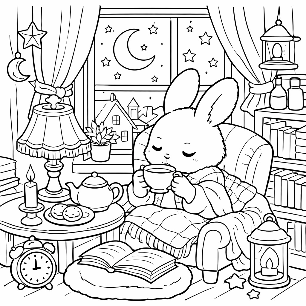 夜のおうち時間を楽しむ、かわいい動物たちの塗り絵 5枚セット