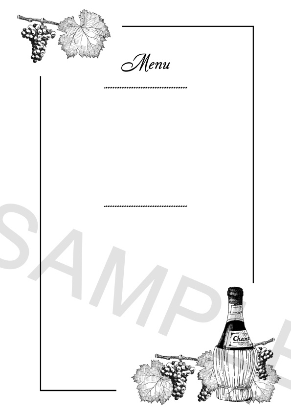 ワインと葡萄の線画イラストのメニュー表テンプレート　PSD＆JPEG