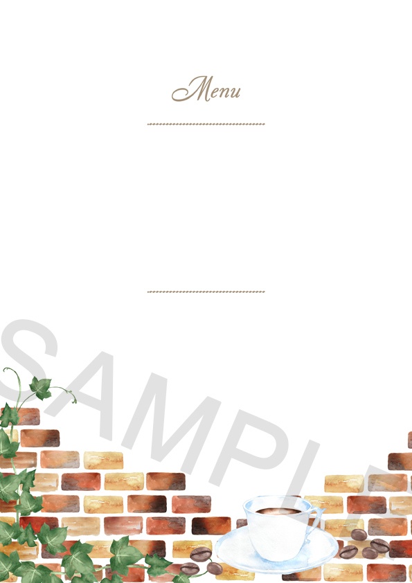 コーヒーと煉瓦の水彩画メニュー表テンプレート　PSD＆JPEG　　