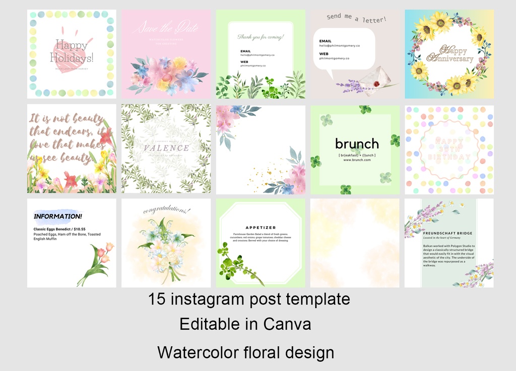 30点インスタグラム投稿用Canvaテンプレートセット 水彩のフローラルイラスト