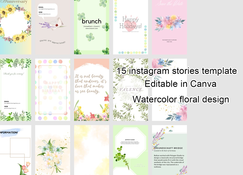 30点インスタグラム投稿用Canvaテンプレートセット 水彩のフローラルイラスト