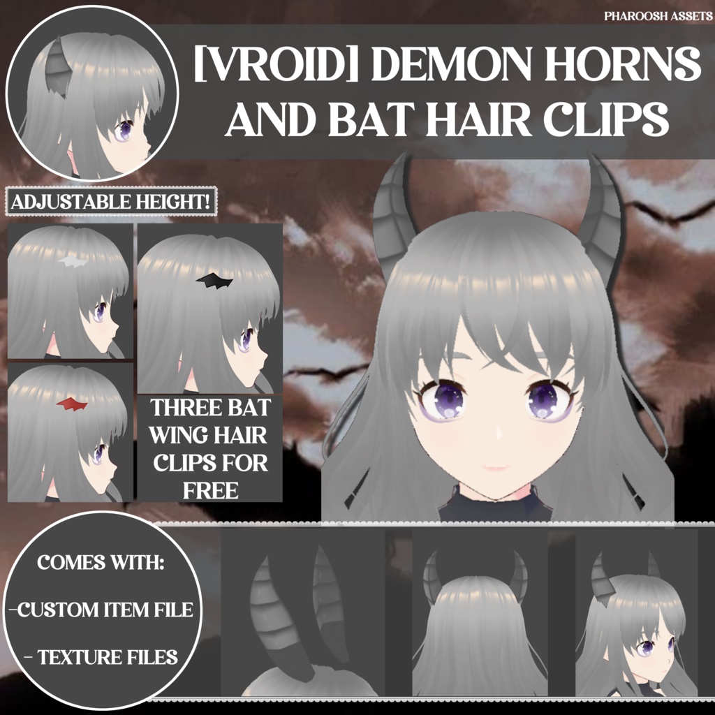 [VROID] Different Colours! Demon Horns with Free Bat Wing Hair Clips set