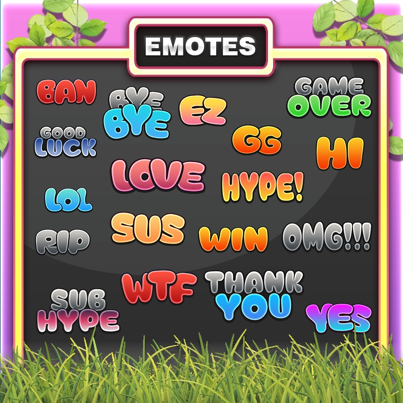 18 Twitch Text Emote Pack | Ban, Bye, Ez, Game Over, GG, Good Luck, Hi, Hype, Lol, Love, Omg, Rip, Sub Hype, Sus, Win, Wtf, Yes, Thank You