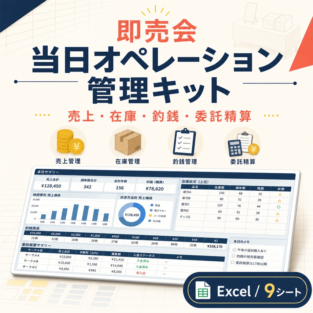 即売会 当日オペレーション管理キット｜釣銭・頒布ログ・在庫差異・委託精算 Excel