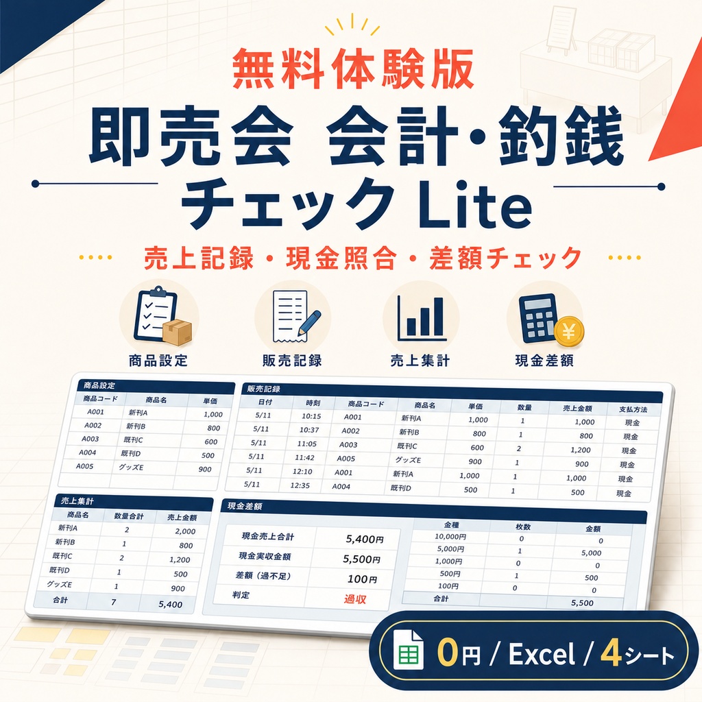 【無料体験版】即売会 会計・釣銭チェックExcel｜売上・現金差額をお試し