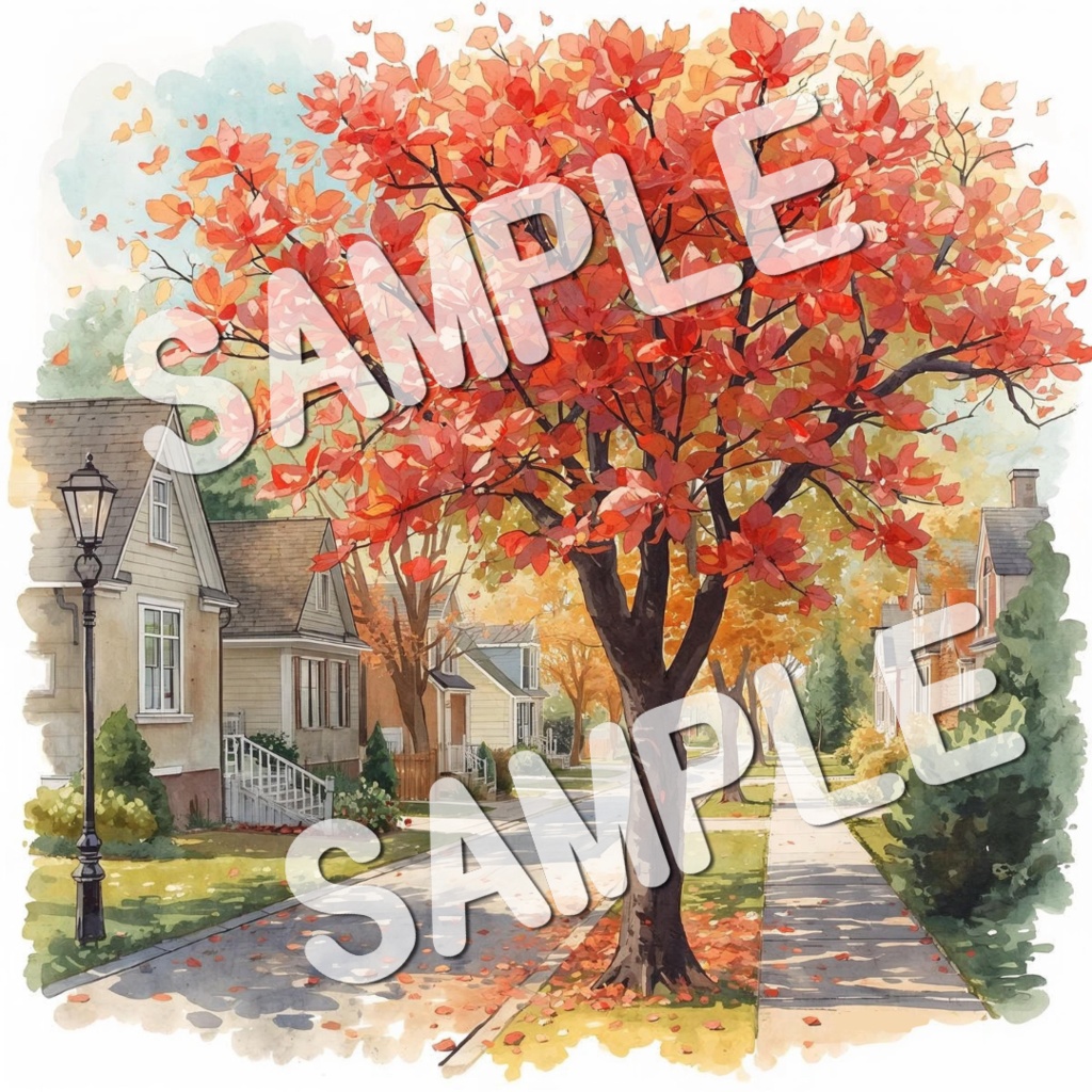 水彩画風美しい紅葉の景色20PNG