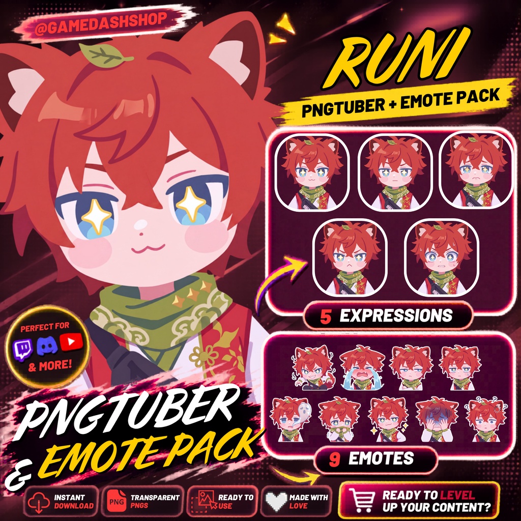PNGtuber Avatar + Emote Pack – Runi Anime Chibi Premade for Twitch & Discord