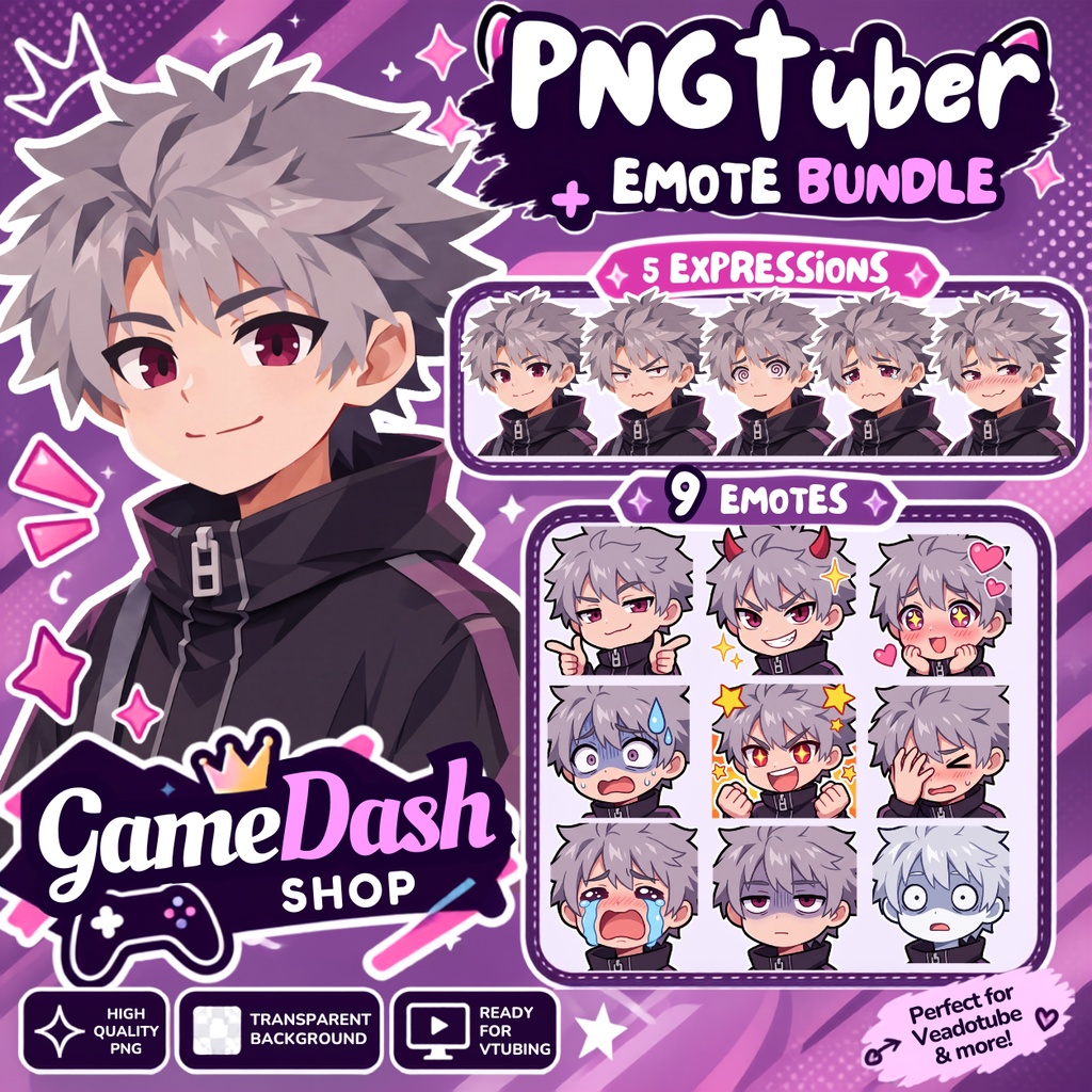 PNGtuber Avatar + Emote Pack – Tanu Anime Chibi Premade for Twitch & Discord