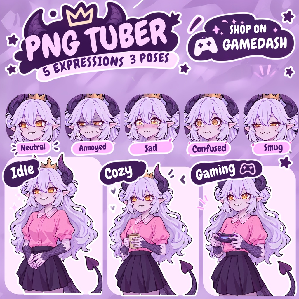 Dragon Queen PNGTuber Avatar with 5 Expressions and 3 Poses