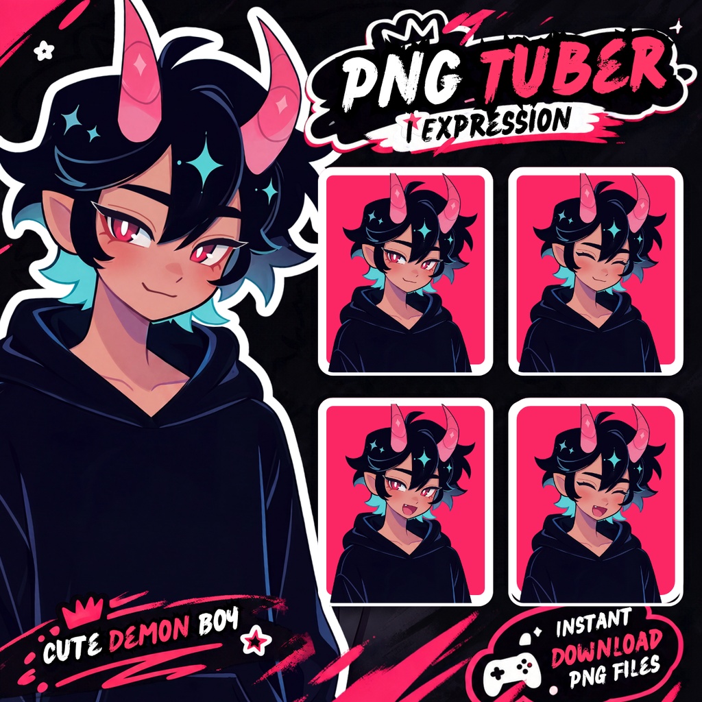 PNGtuber Avatar + Emote Pack – Demon boy Anime Premade for Twitch & Discord