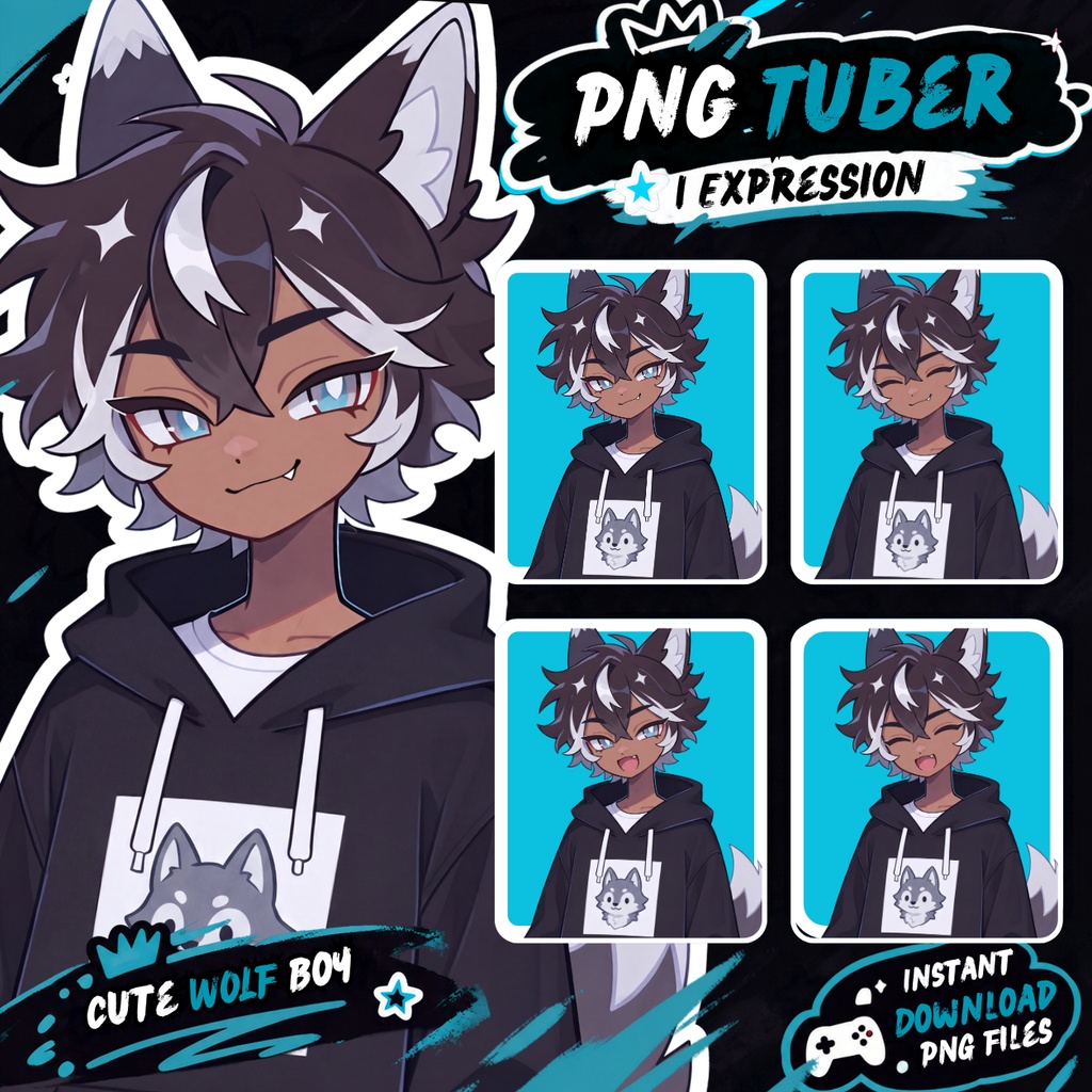 PNGtuber Avatar + Emote Pack โ Wolf boy Anime Premade for Twitch & Discord