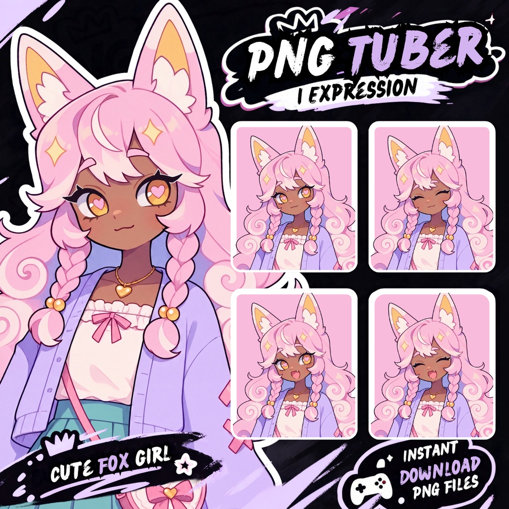 PNGtuber Avatar + Emote Pack – Fox Girl Anime Premade for Twitch & Discord