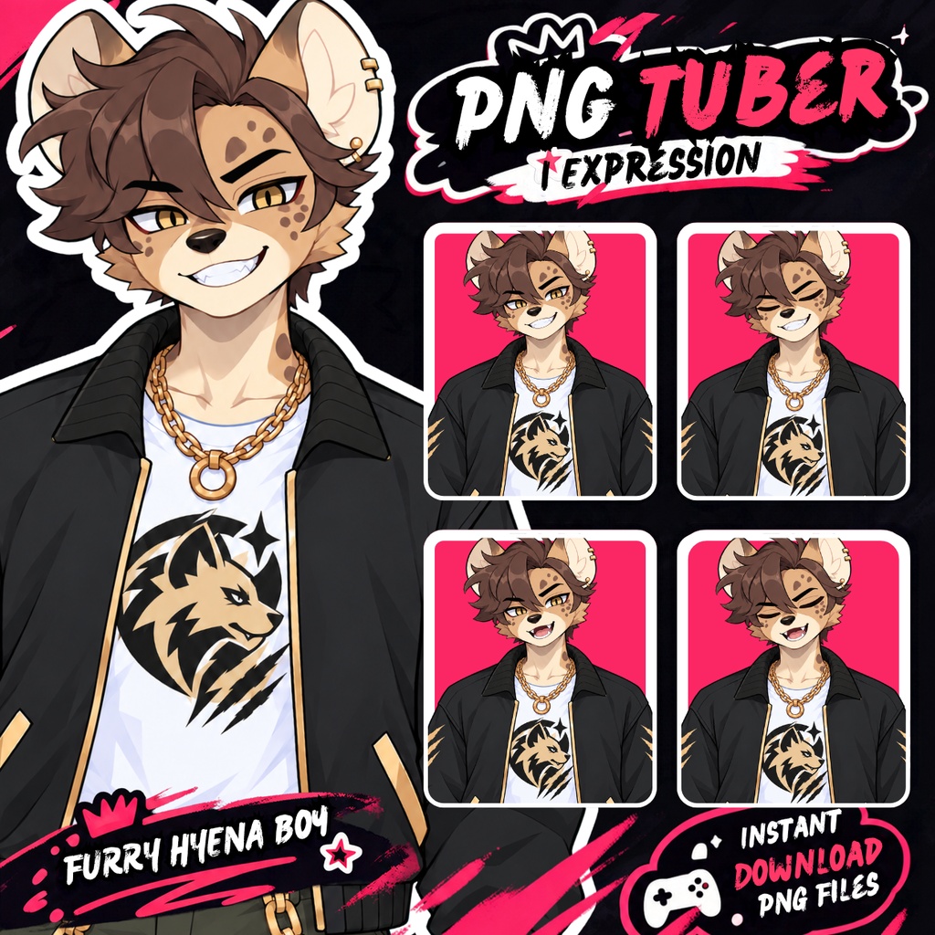 PNGtuber Avatar + Emote Pack – Furry Hyena boy Anime Premade for Twitch & Discord