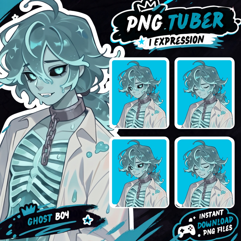 PNGtuber Avatar + Emote Pack – Ghost boy Anime Premade for Twitch & Discord Halloween