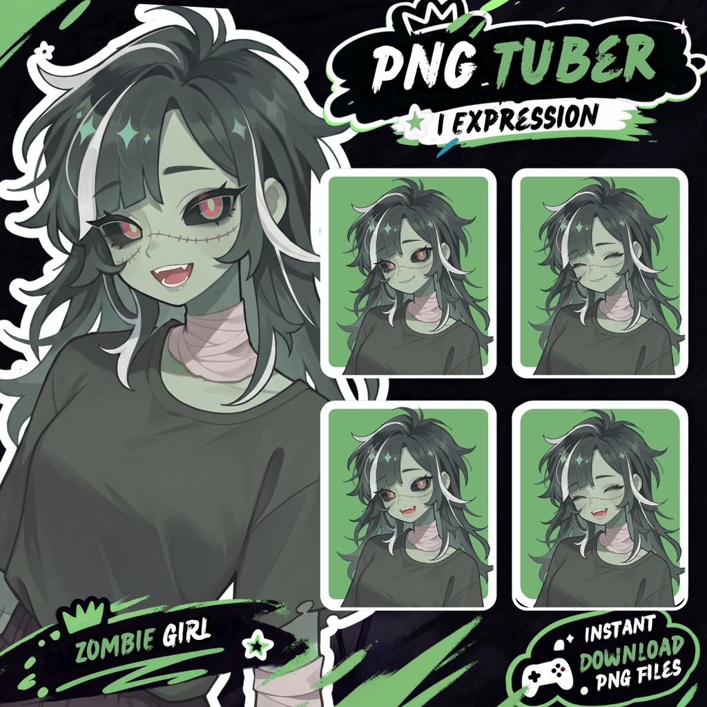PNGtuber Avatar + Emote Pack – Zombie Girl Anime Premade for Twitch & Discord Halloween
