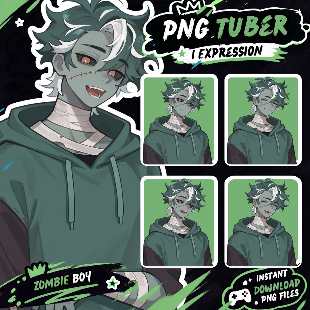 PNGtuber Avatar + Emote Pack – Zombie boy Anime Premade for Twitch & Discord Halloween