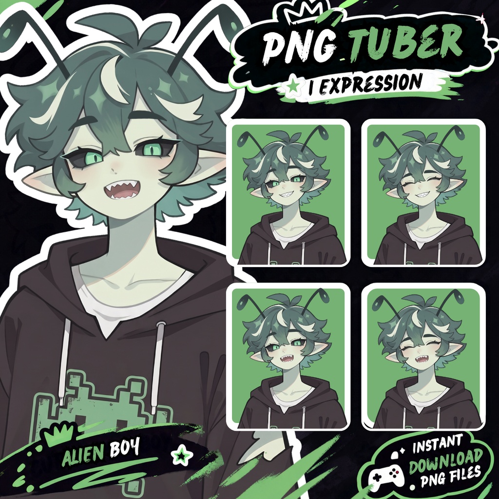 PNGtuber Avatar + Emote Pack – Alien boy Anime Premade for Twitch & Discord