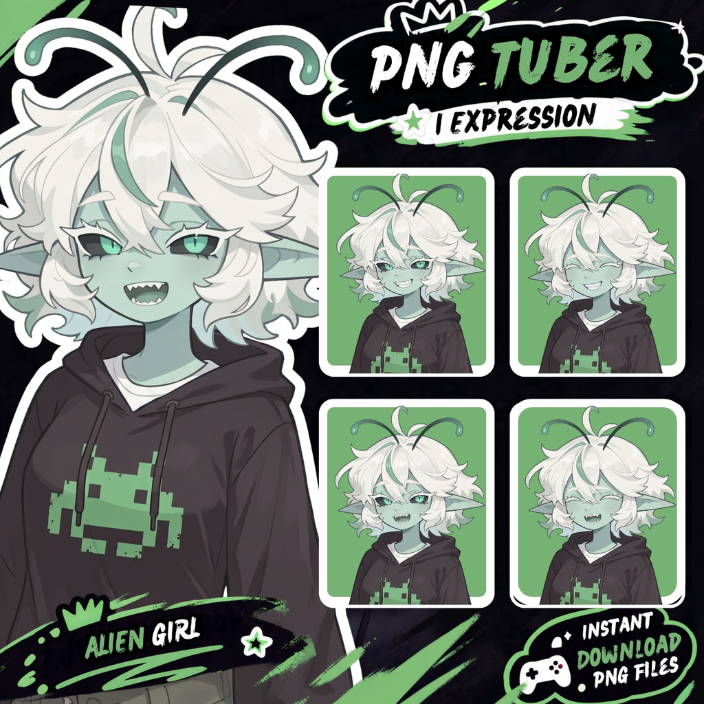 PNGtuber Avatar + Emote Pack – Alien girl Anime Premade for Twitch & Discord