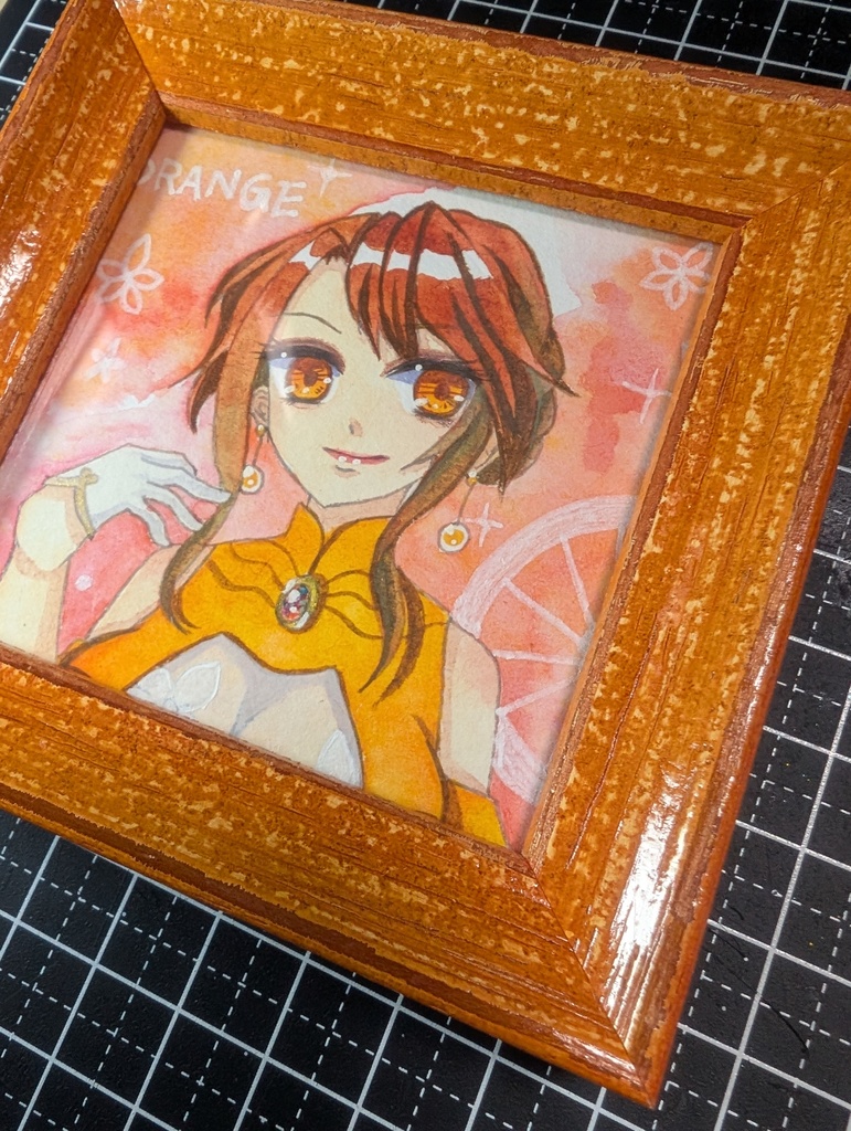 【原画】柑橘三姉妹 長女オレンジ/豆色紙サイズ・透明水彩・フレーム付き