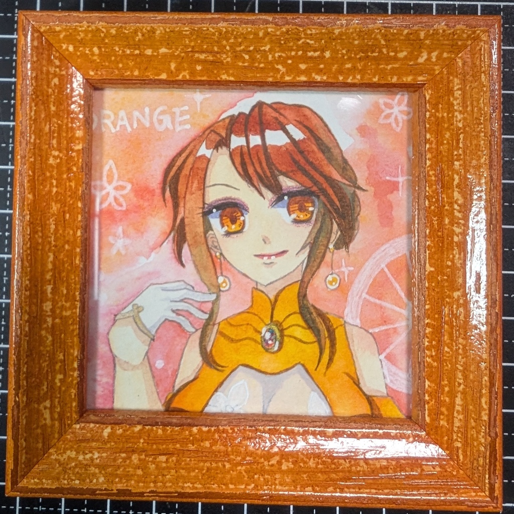 【原画】柑橘三姉妹 長女オレンジ/豆色紙サイズ・透明水彩・フレーム付き