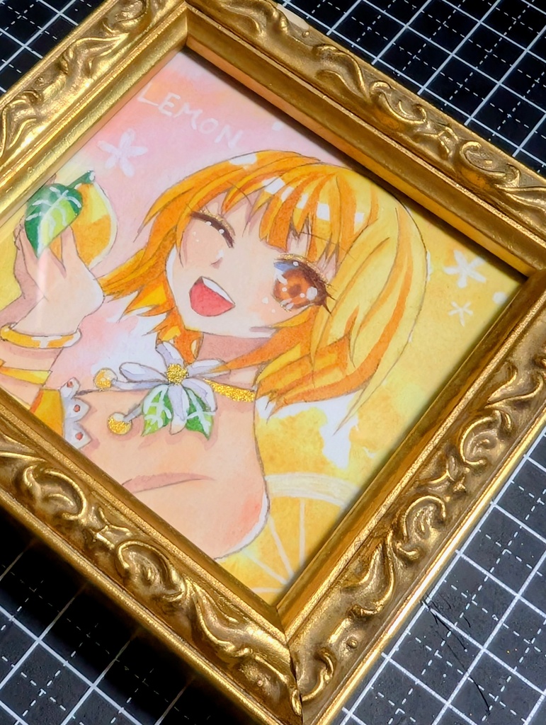【ミニ原画】柑橘三姉妹 次女レモン/豆色紙サイズ・透明水彩・フレーム付き