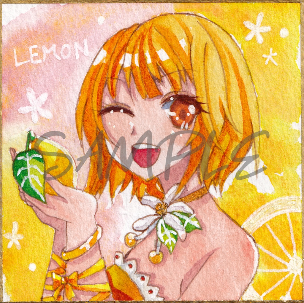 【ミニ原画】柑橘三姉妹 次女レモン/豆色紙サイズ・透明水彩・フレーム付き