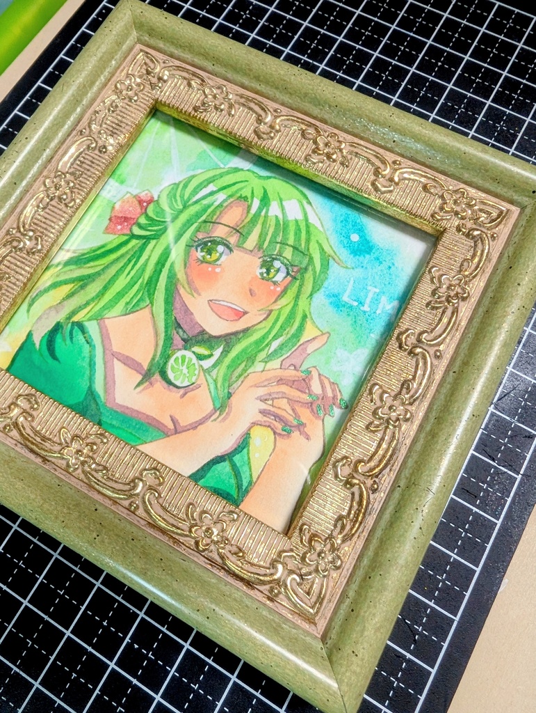 【ミニ原画】柑橘三姉妹 三女ライム/色紙サイズ・透明水彩・フレーム付き