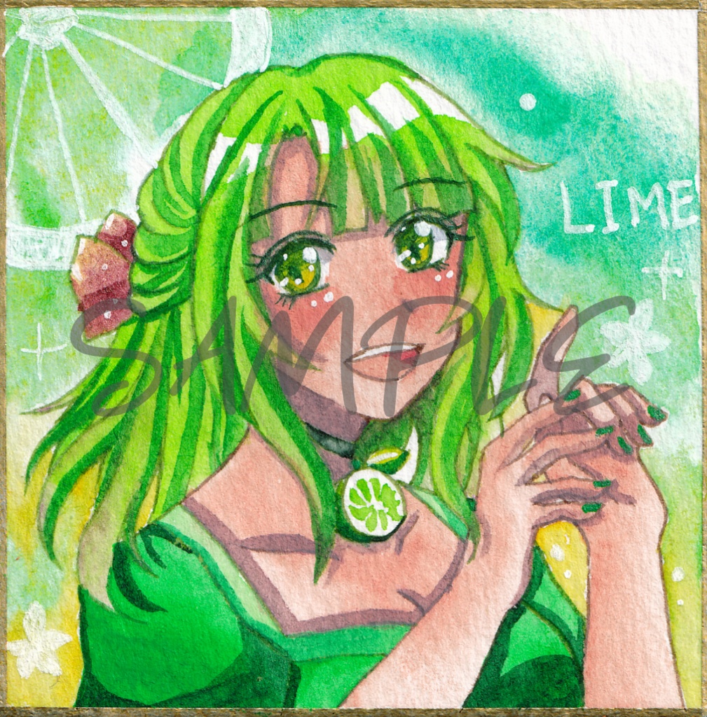 【ミニ原画】柑橘三姉妹　三女ライム/色紙サイズ・透明水彩・フレーム付き