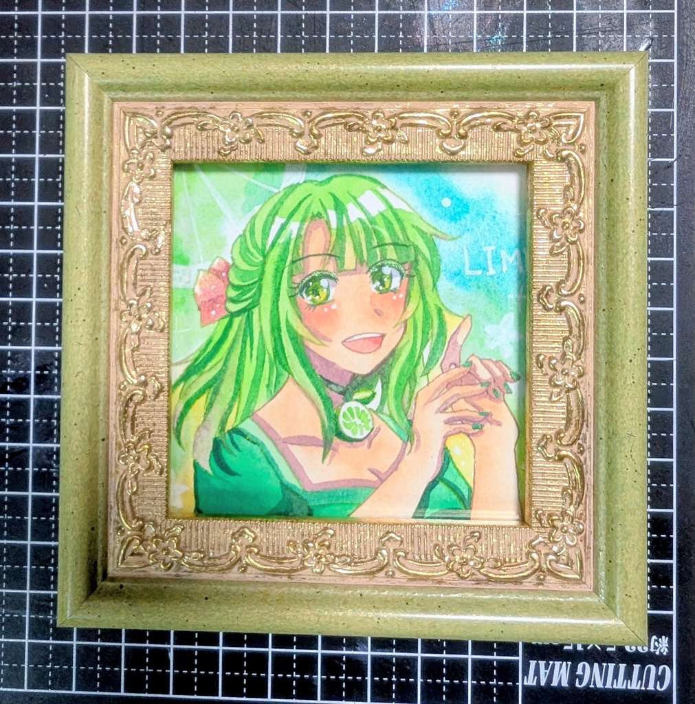 【ミニ原画】柑橘三姉妹 三女ライム/色紙サイズ・透明水彩・フレーム付き