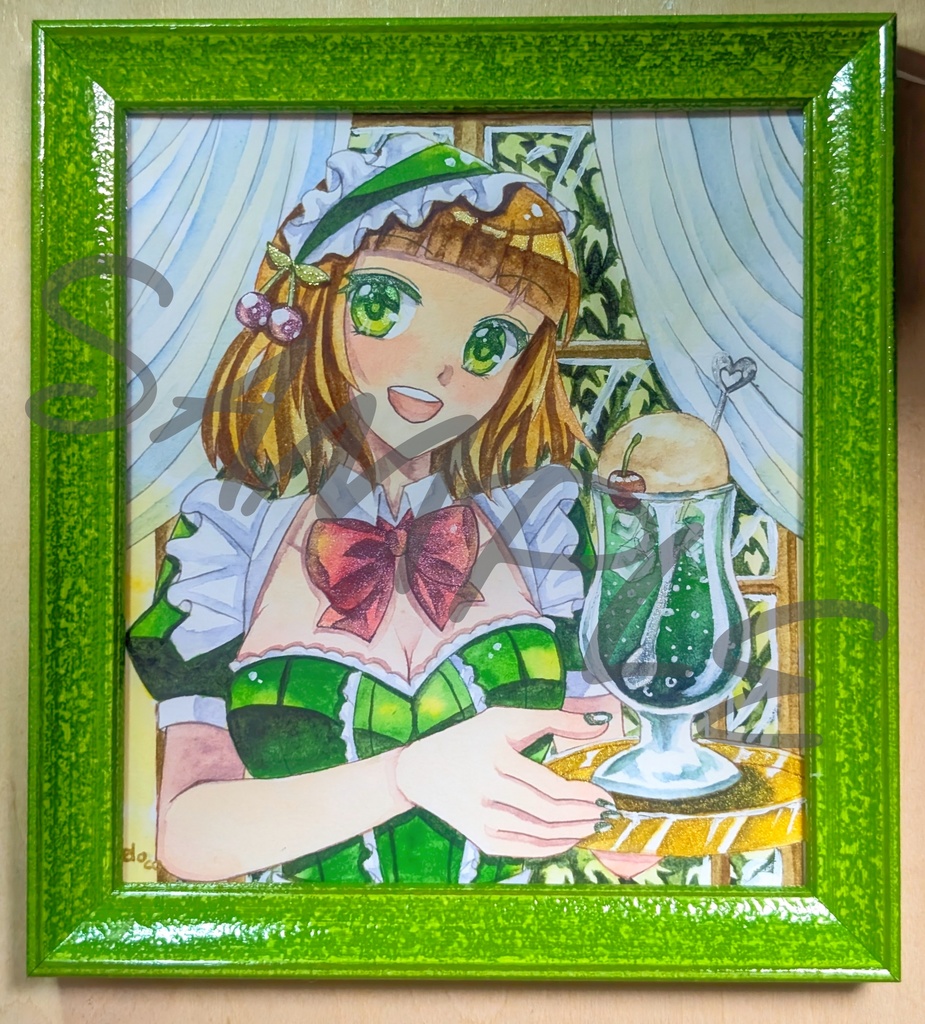 【原画】メロンソーダはいかがですか?/寸松庵色紙サイズ・透明水彩・フレーム付き