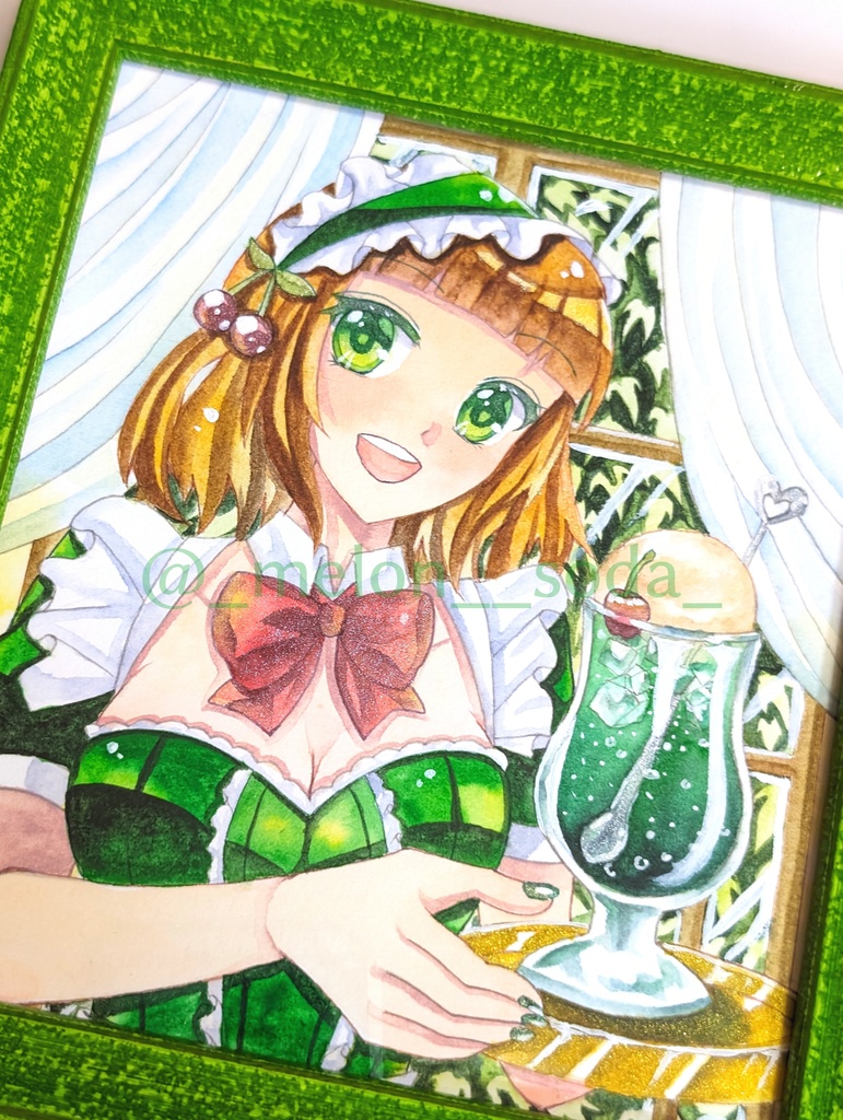 【原画】メロンソーダはいかがですか?/寸松庵色紙サイズ・透明水彩・フレーム付き