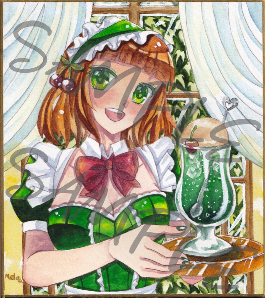 【原画】メロンソーダはいかがですか?/寸松庵色紙サイズ・透明水彩・フレーム付き