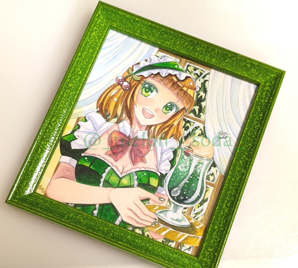 【原画】メロンソーダはいかがですか?/寸松庵色紙サイズ・透明水彩・フレーム付き