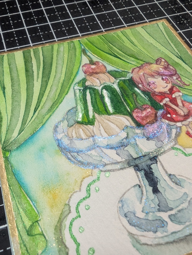 【ミニ原画】メロンゼリーのカーテン劇場/豆色紙サイズ・透明水彩・フレーム付き