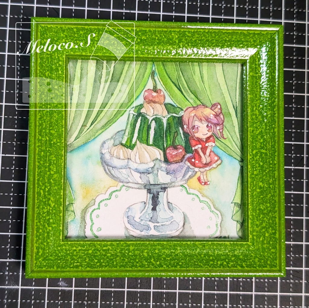 【ミニ原画】メロンゼリーのカーテン劇場/豆色紙サイズ・透明水彩・フレーム付き
