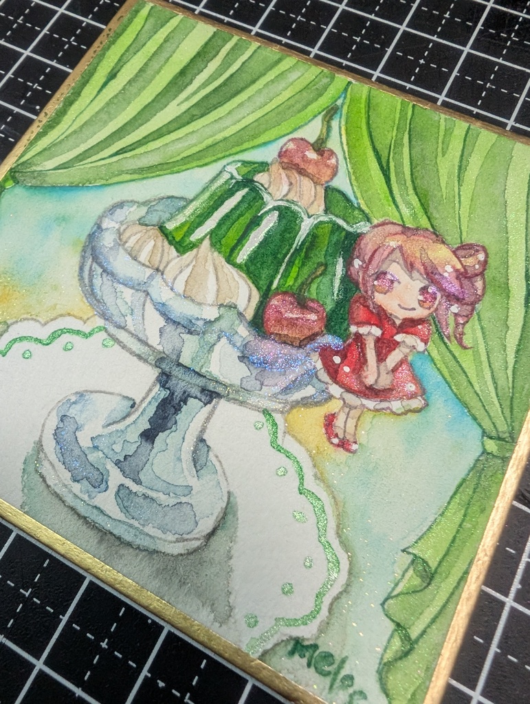 【ミニ原画】メロンゼリーのカーテン劇場/豆色紙サイズ・透明水彩・フレーム付き