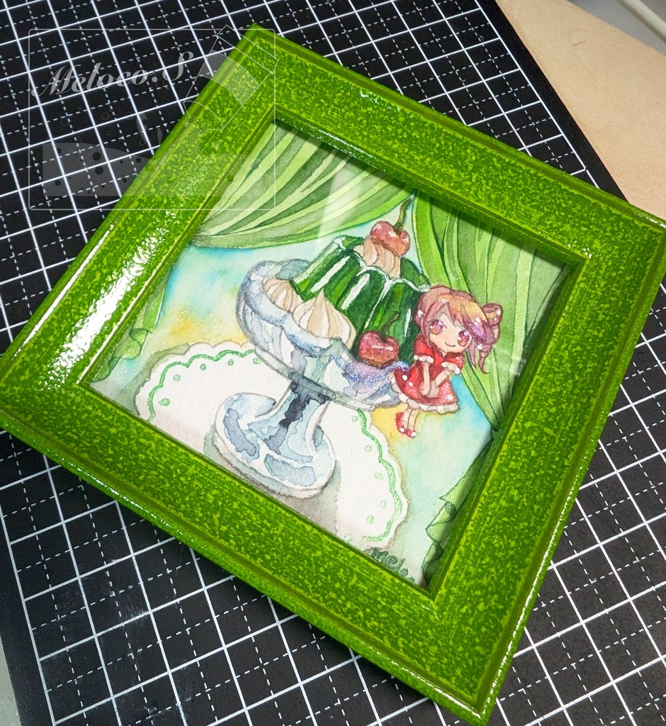 【ミニ原画】メロンゼリーのカーテン劇場/豆色紙サイズ・透明水彩・フレーム付き