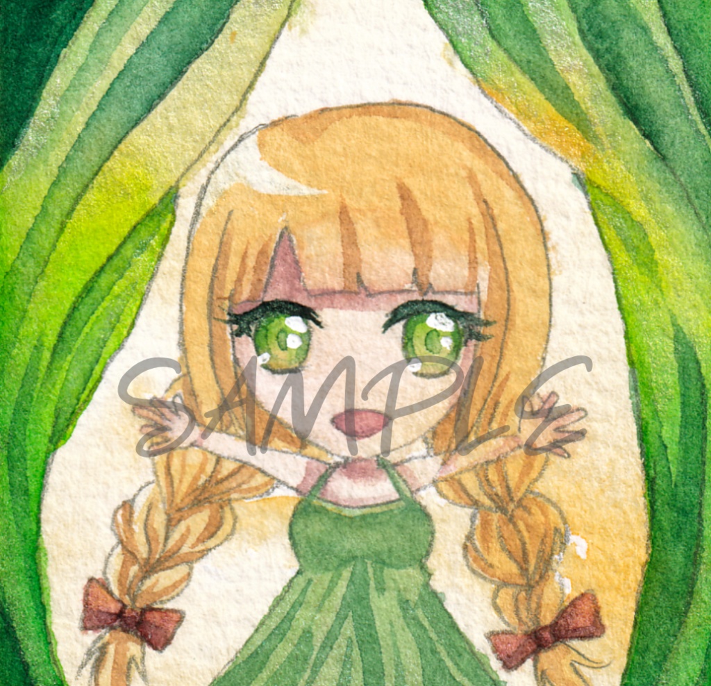 【ミニ原画】メロ子のカーテン2種/ミニ原画・透明水彩・フレーム付き